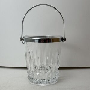 Vintage French Crystal D'Arques Glass Ice Bucket Clear Chrome Handle 5"